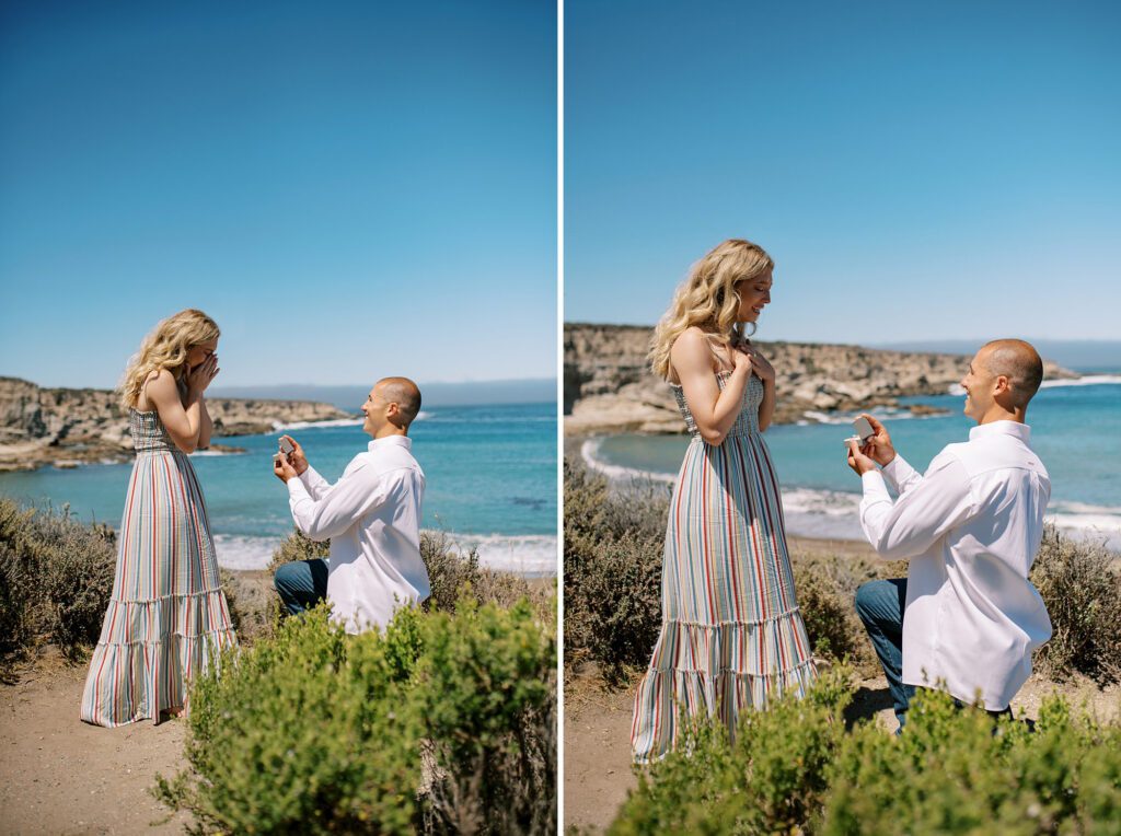 guy knelt down at surprise proposal at Montana De Oro's Spooners Cove by Pismo beach engagement photographer austyn elizabeth photography