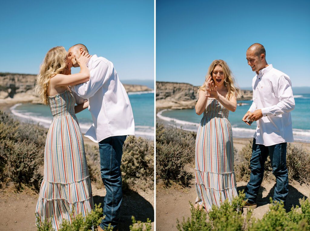 Kisses and shock at surprise proposal at Montana De Oro's Spooners Cove by Pismo beach engagement photographer austyn elizabeth photography