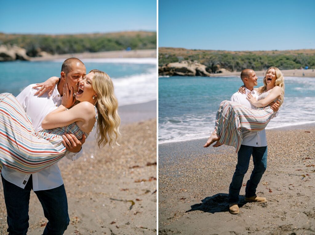 Groom sweeps bride off her feet at surprise proposal at Montana De Oro's Spooners Cove by Pismo beach engagement photographer austyn elizabeth photography