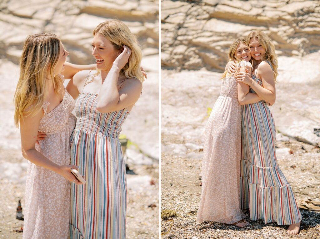 Sisters hug at surprise proposal at Montana De Oro's Spooners Cove by Pismo beach engagement photographer austyn elizabeth photography