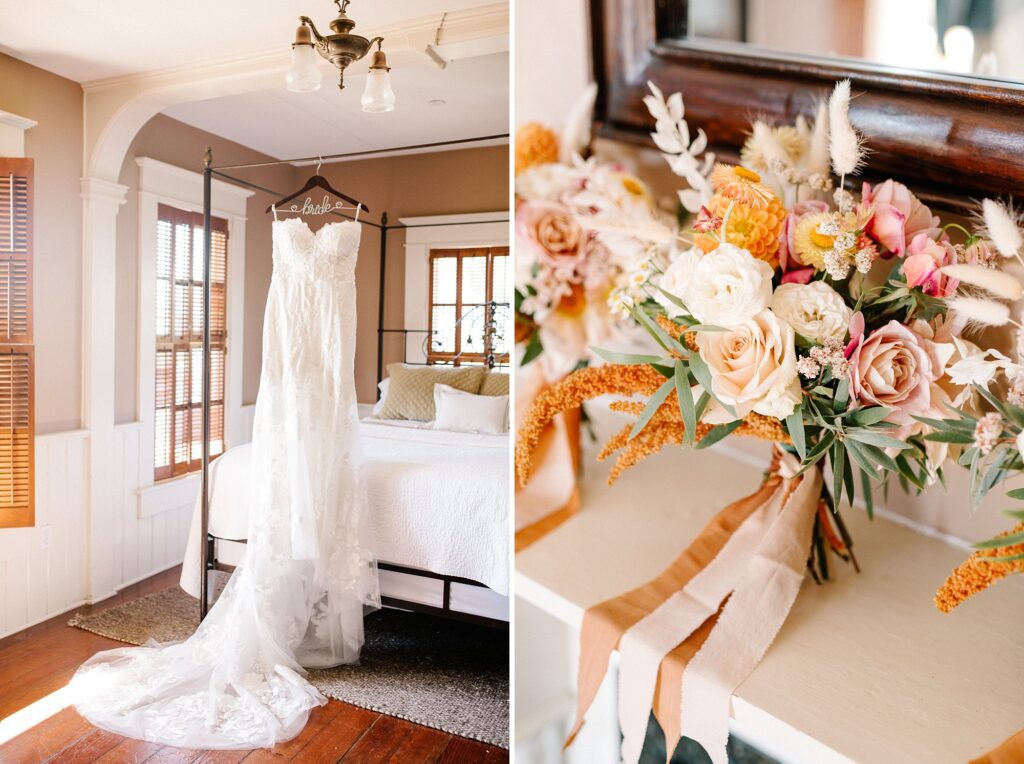 Dress hanging from bed frame with stunning sunset color florals at California autumn coastal wedding at Cass House Cayucos Wedding by Pismo Beach Wedding Photographer Austyn Elizabeth Photography