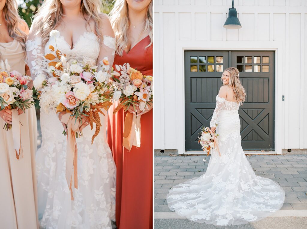 Stunning lace dress with lace sleeves at California autumn coastal wedding at Cass House Cayucos Wedding by Pismo Beach Wedding Photographer Austyn Elizabeth Photography