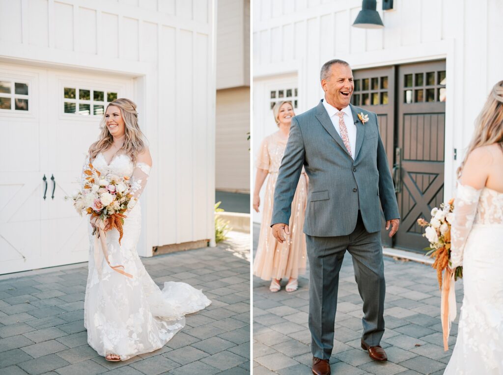 Dads wide smile first look with daughter at California autumn coastal wedding at Cass House Cayucos Wedding by Pismo Beach Wedding Photographer Austyn Elizabeth Photography