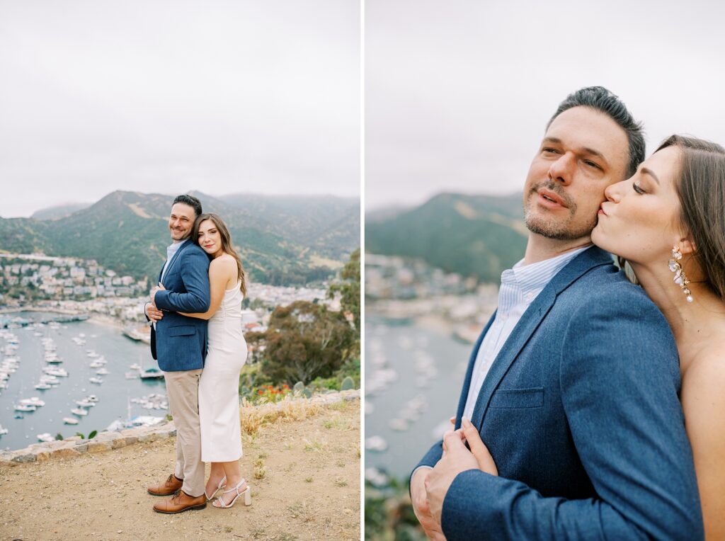 Couple kissing above the Casino and overlooking Avalon Bay at their Catalina island elopement in may by Catalina island elopement photographer Austyn Elizabeth Photography