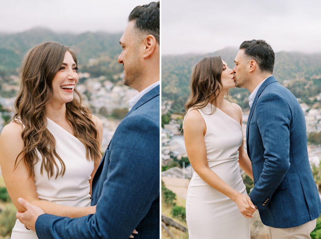 Couple takes first kiss after their Catalina island Elopement during a foggy spring day by Catalina Wedding Photographer Austyn Elizabeth Photography