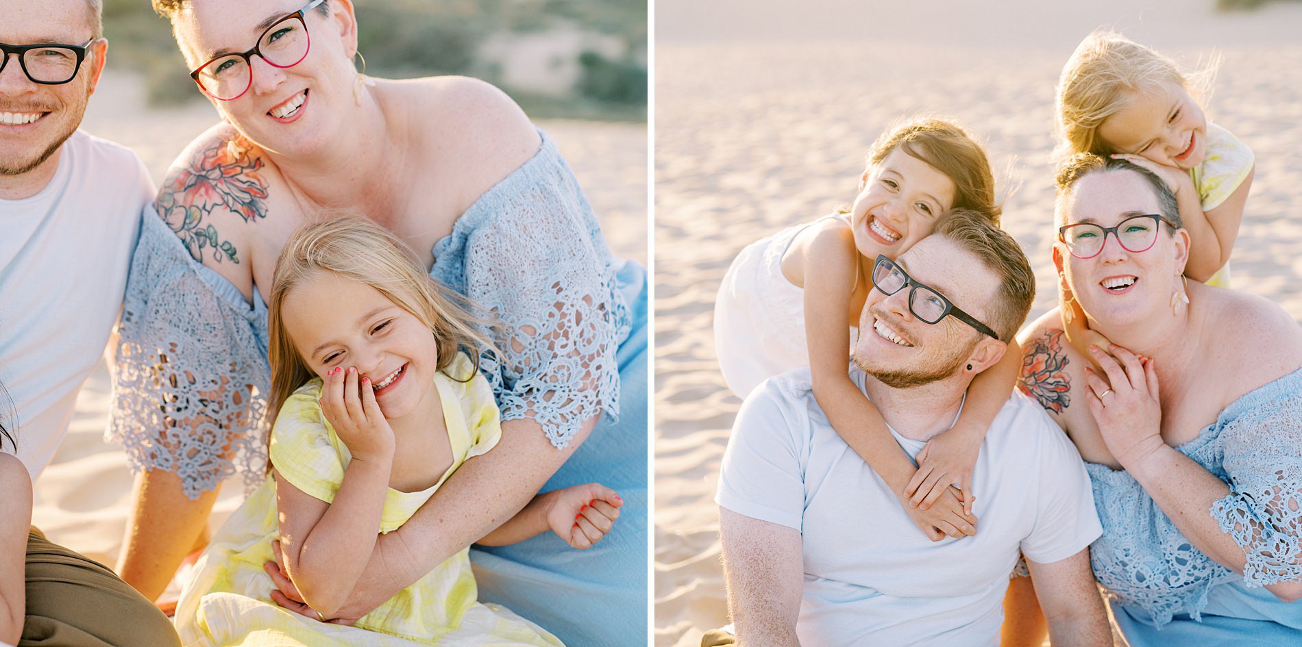 Family sits and giggles on the sand at the Oceano Dunes in Pismo Beach by Pismo Beach Family Photographer Austyn Elizabeth Photography