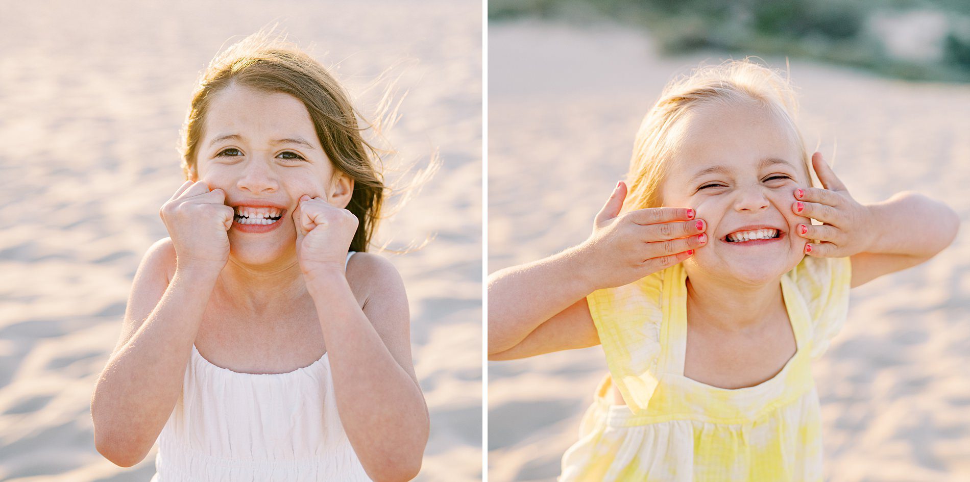 Sisters smiling for the camera on the sand at the Oceano Dunes in Pismo Beach by Pismo Beach Family Photographer Austyn Elizabeth Photography