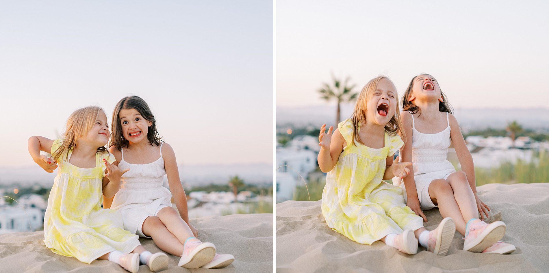 Sisters sit and yell at the sky at the Oceano Dunes in Pismo Beach by Pismo Beach Family Photographer Austyn Elizabeth Photography