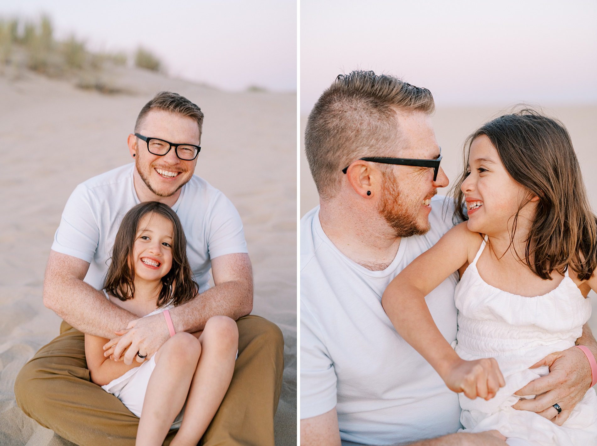 Dad holds little girl in white dress at the Oceano Dunes in Pismo Beach by Pismo Beach Family Photographer Austyn Elizabeth Photography