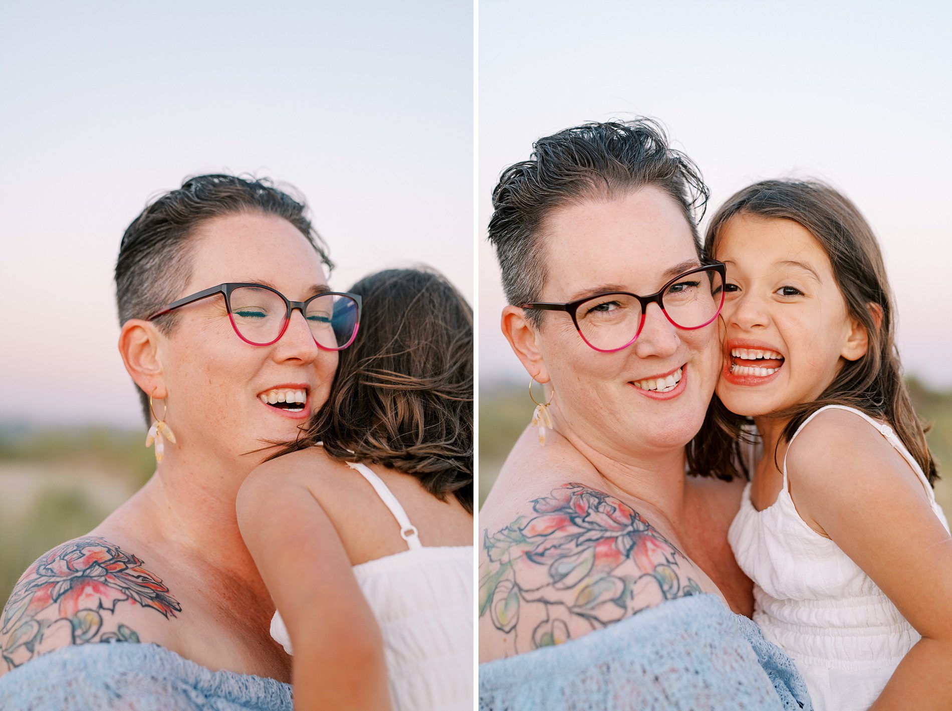 Mom with floral tattoo holds daughter in white dress at the Oceano Dunes in Pismo Beach by Pismo Beach Family Photographer Austyn Elizabeth Photography