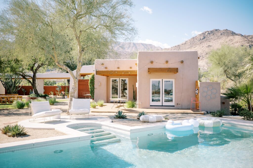 Palm Springs private wedding venue at Villa Leche has a pool and unique spanish architecture and cactus garden at Villa Leche wedding by Palm Springs Wedding Photographer Austyn Elizabeth Photography