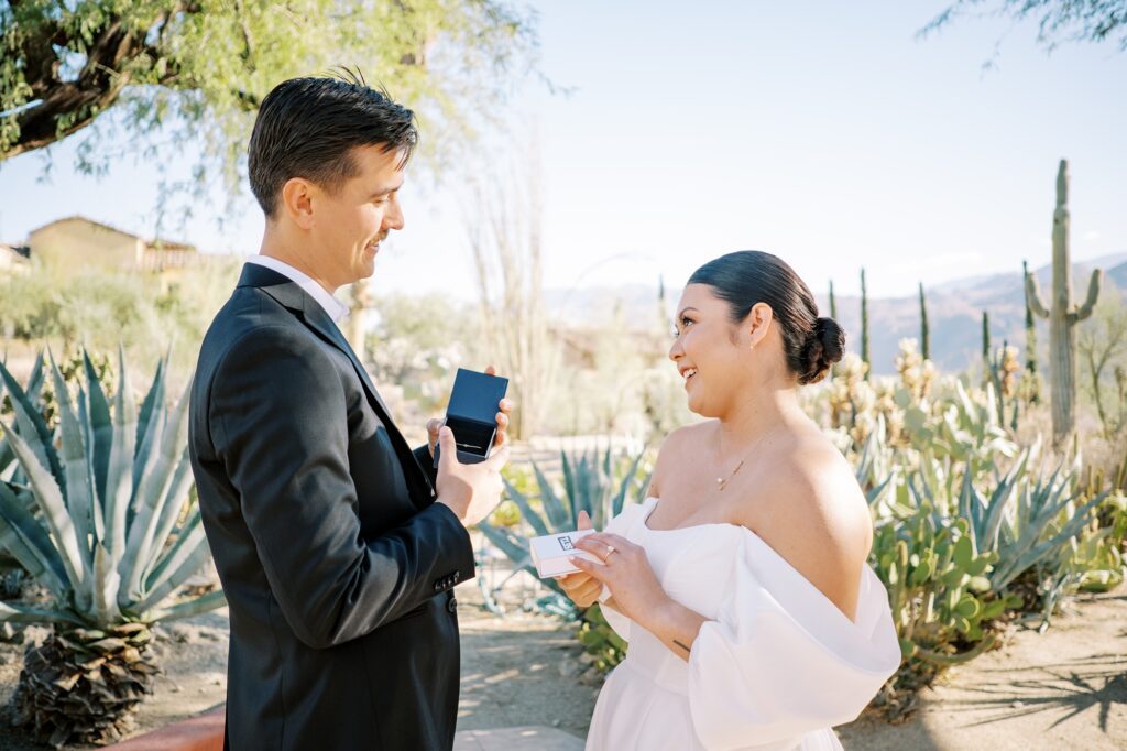 Bride and groom giving gifts at Villa Leche wedding by Palm Springs Wedding Photographer Austyn Elizabeth Photography