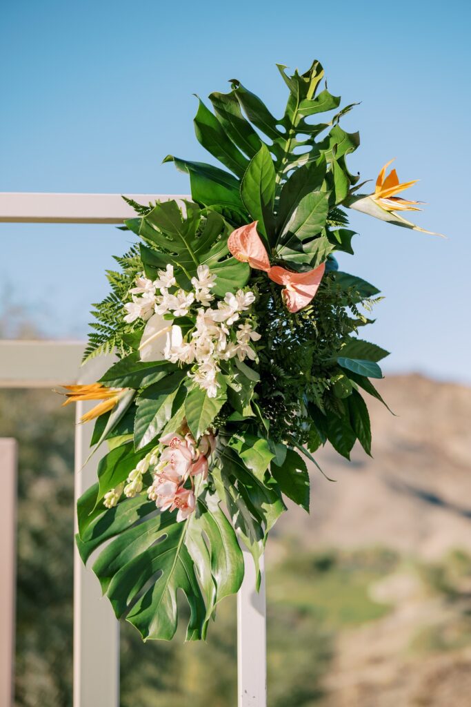 Hawaiian inspired florals at Villa Leche wedding by Palm Springs Wedding Photographer Austyn Elizabeth Photography