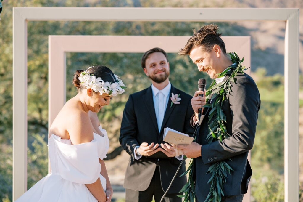 Groom smiles and gives vows at Villa Leche wedding by Palm Springs Wedding Photographer Austyn Elizabeth Photography