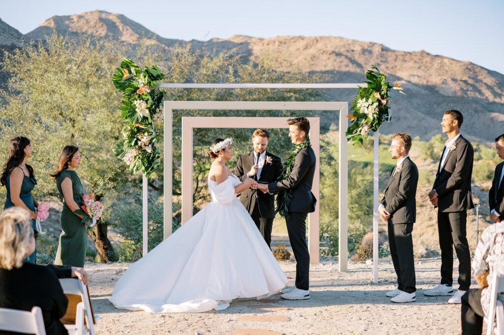 Exchanging rings at Villa Leche wedding by Palm Springs Wedding Photographer Austyn Elizabeth Photography