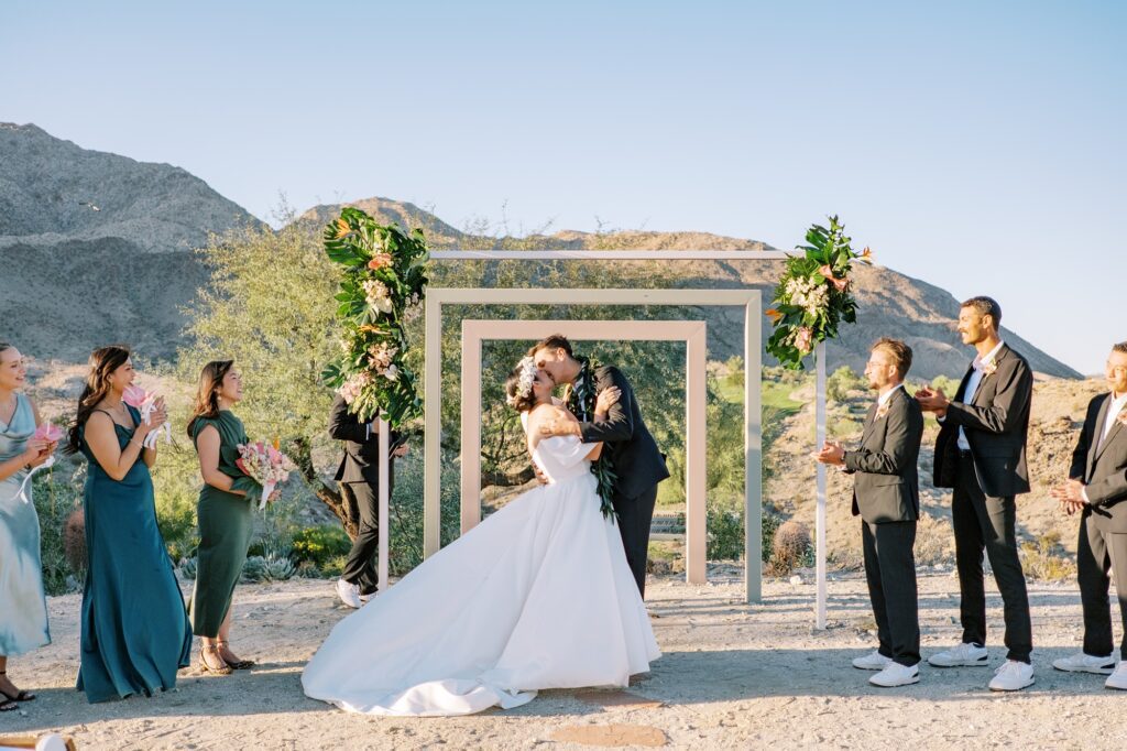 Couple kisses at Villa Leche wedding by Palm Springs Wedding Photographer Austyn Elizabeth Photography