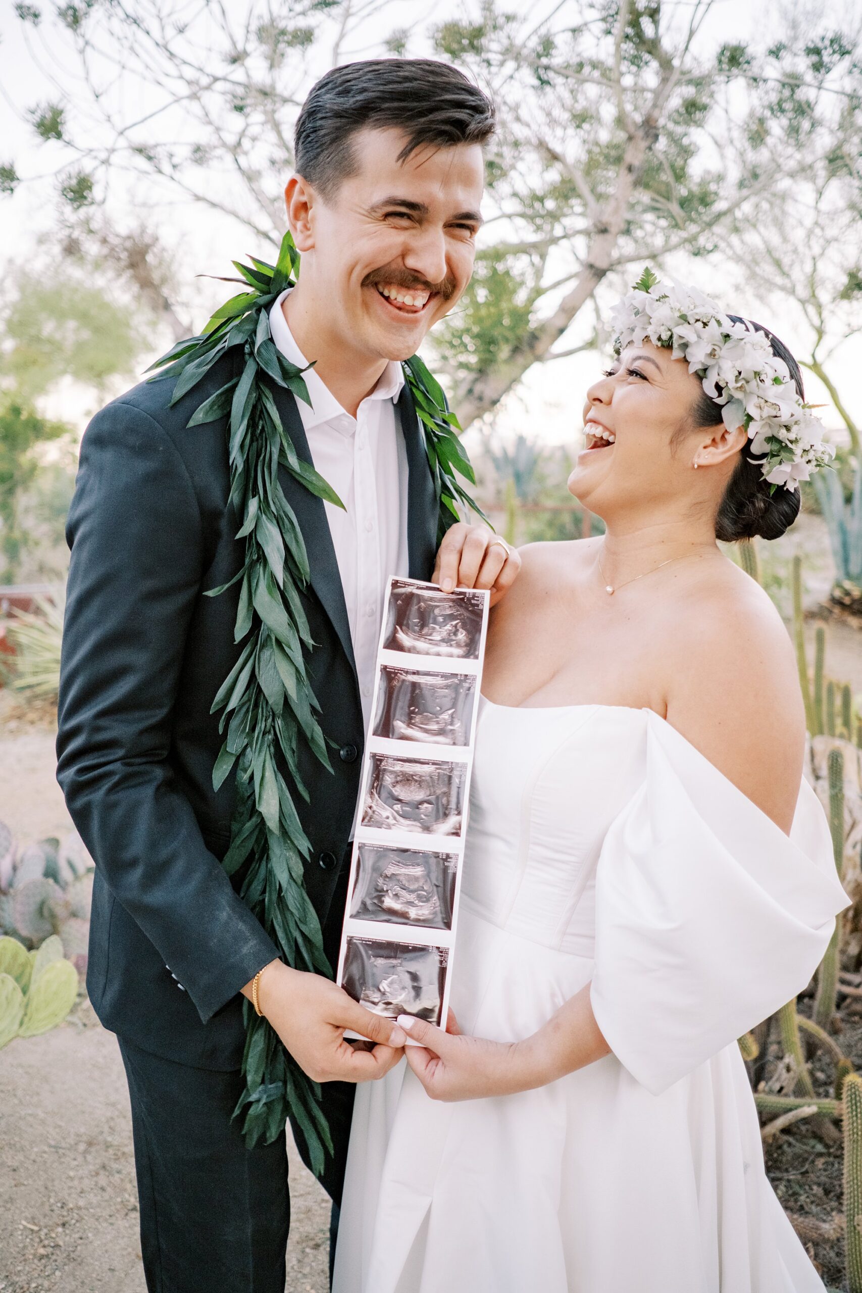 Couple are expecting and share news at their Hawaiian Palm Springs wedding at Villa Leche wedding by Palm Springs Wedding Photographer Austyn Elizabeth Photography