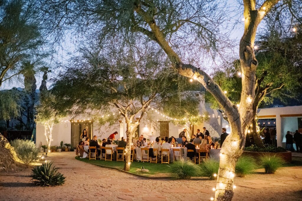 Wedding reception dinner outside at Villa Leche wedding by Palm Springs Wedding Photographer Austyn Elizabeth Photography