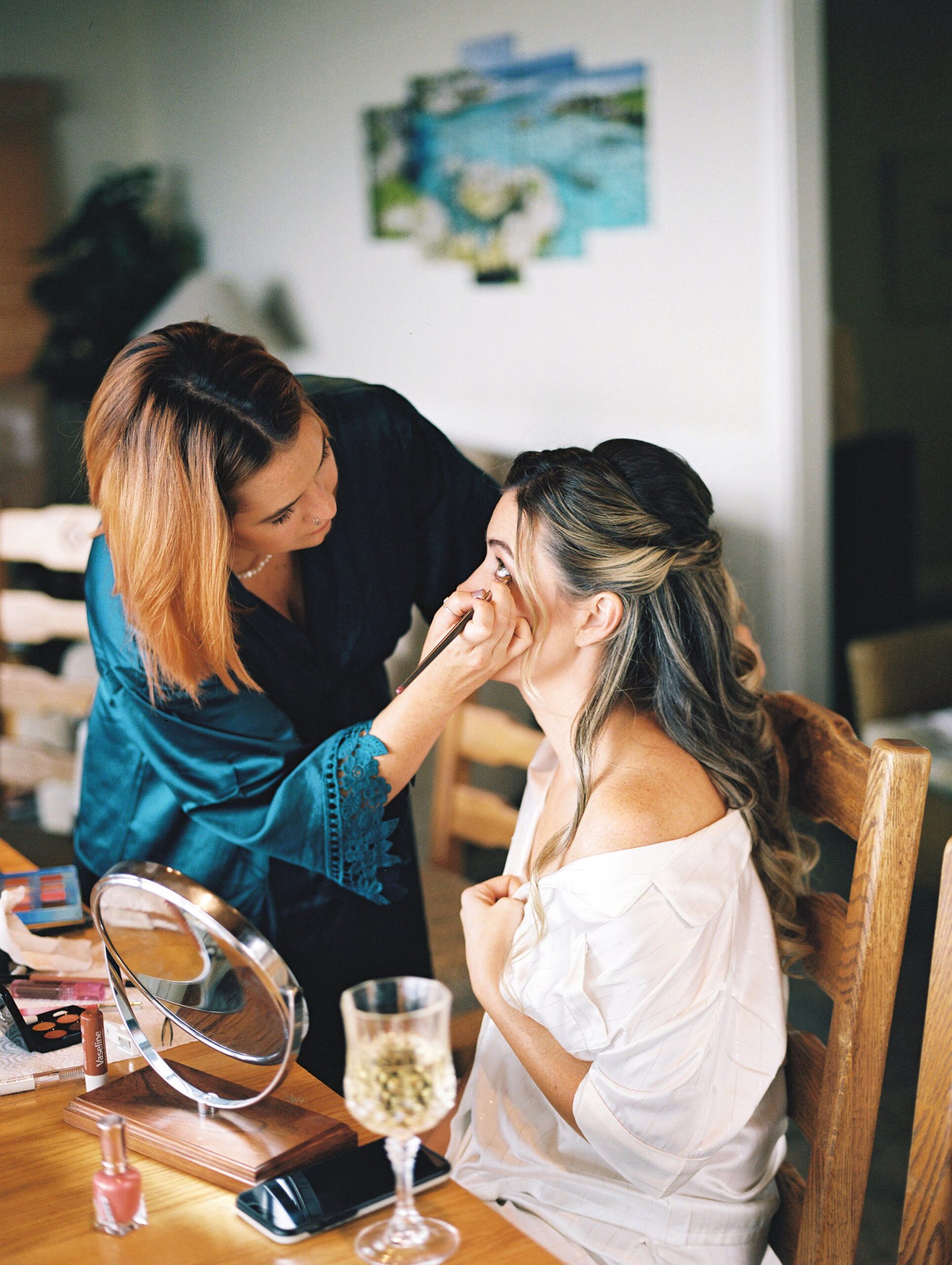 Bride getting makeup done on film by Cayucos Wedding Photographer on Film by Austyn Elizabeth Photography