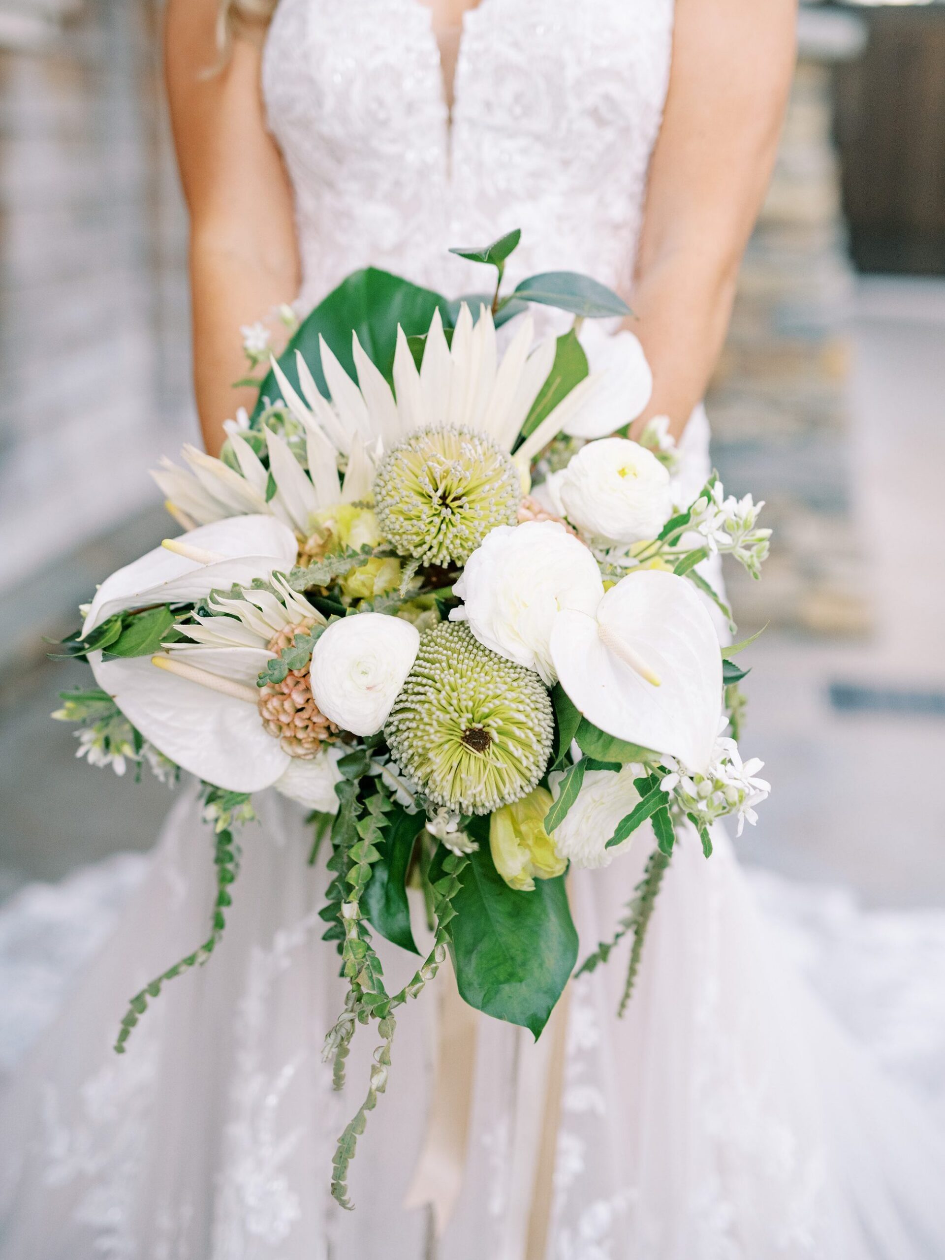 Tropical white blush and green bridal bouquet inspiration for beach wedding by Cayucos Wedding Photographer on Film by Austyn Elizabeth Photography