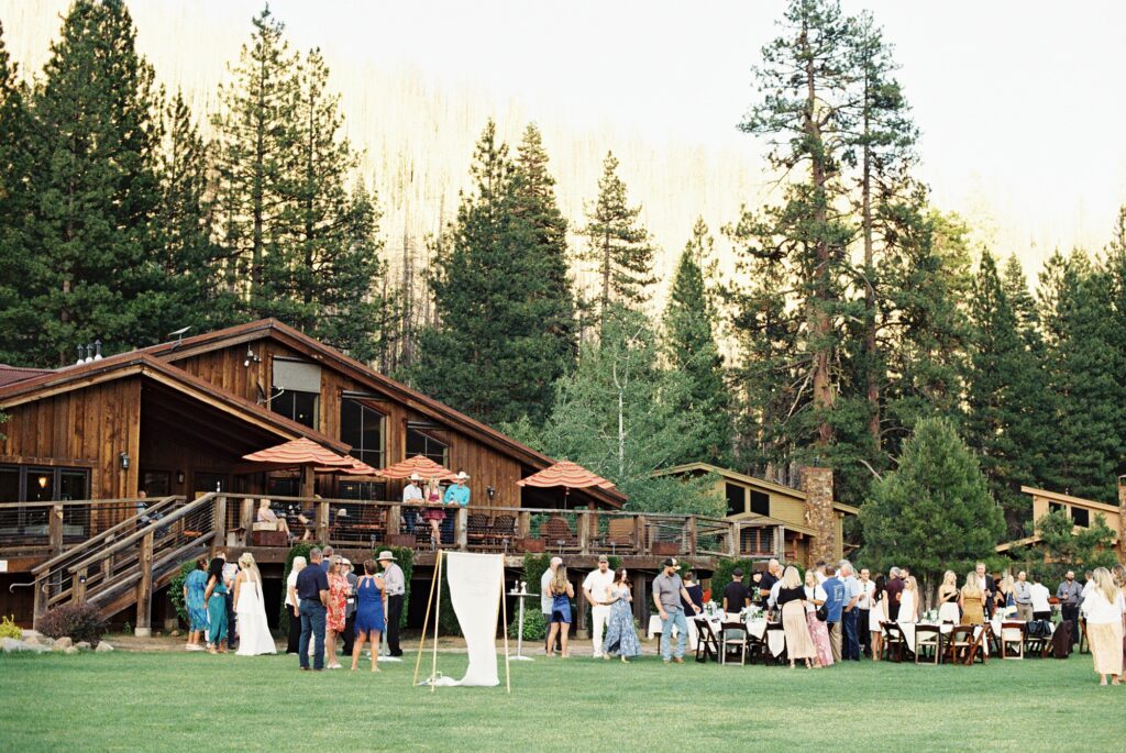 The scene of Highlands Ranch Resort wedding welcome party photographed by Northern California Destination wedding film photographer Austyn Elizabeth Photography